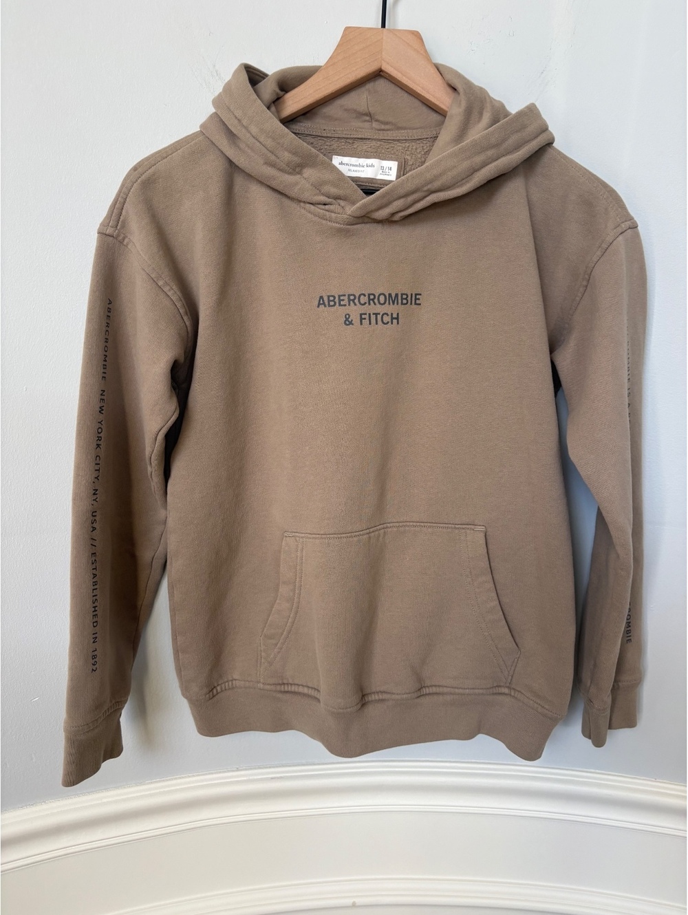 Abercrombie & Fitch Kids Hoodie Size 13/14 Relaxed Fit Tan Brown Pullover Sweat